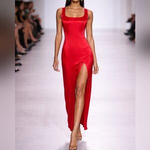 Jessica McClintock Gunne Sax 90s Red Satin Square Neck 3D Embellished Maxi Gown